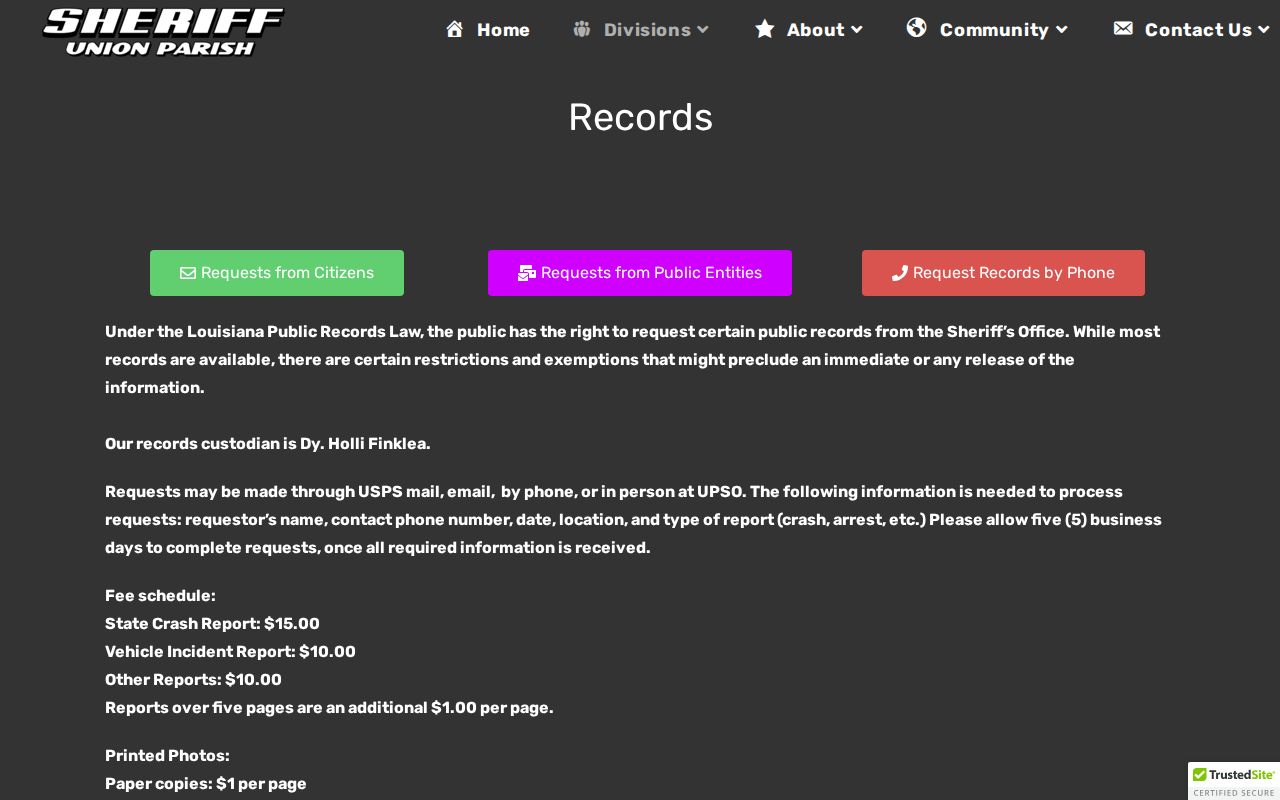 Union Parish arrest records request and fee page