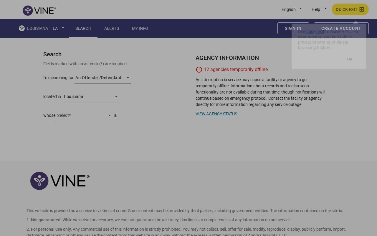 Louisiana VINELink landing screen for Union Parish custody alerts