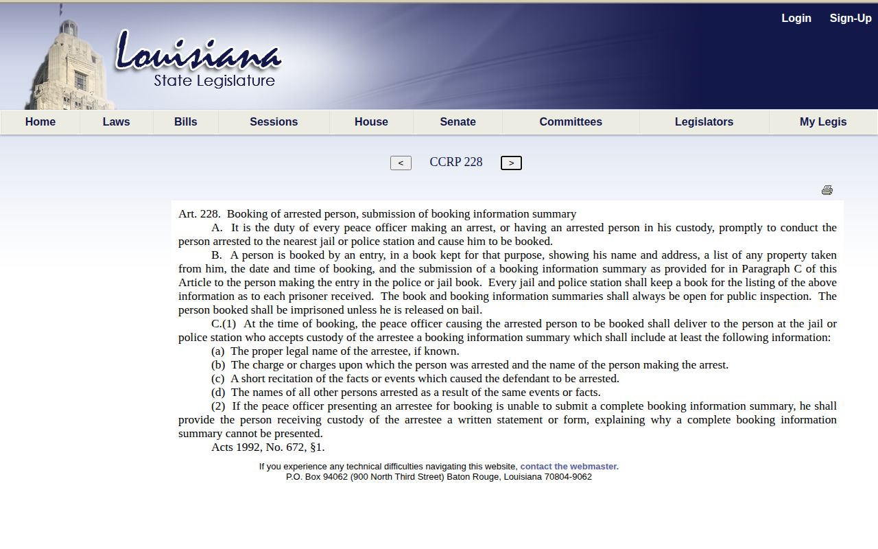 Louisiana booking law fields relevant to Union Parish arrests