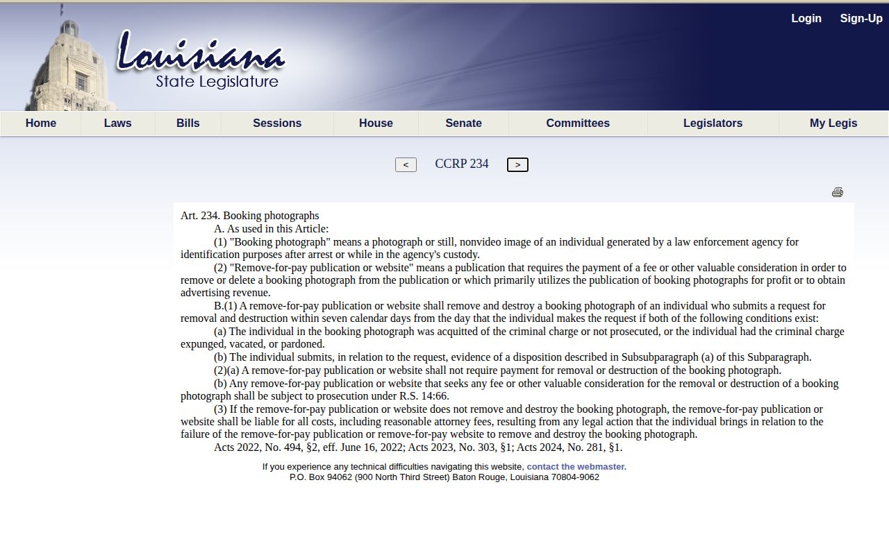 Louisiana booking photograph removal law for Union Parish records