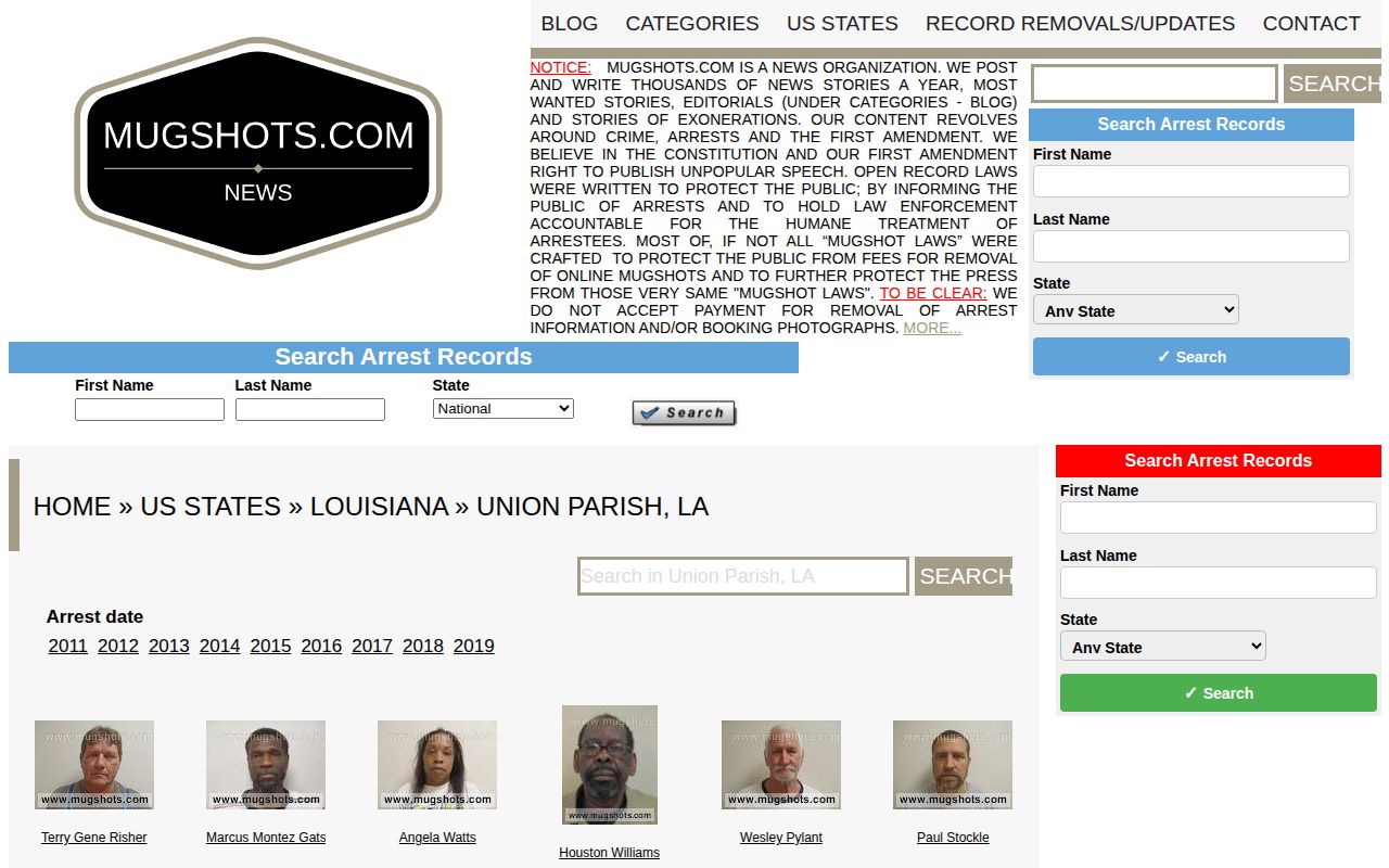 Unofficial historical Union Parish arrest directory context
