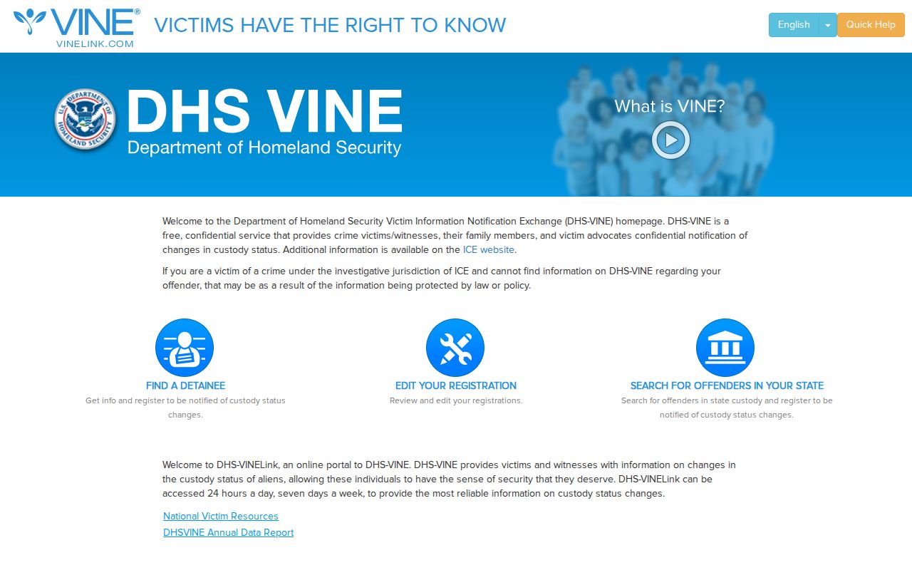 DHS VINE federal custody service distinct from Union Parish VINELink